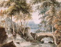 A Wooded Stream with a Waterfall near a Bridge