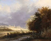 Figures on a country road, a storm approaching
