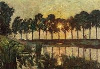 Trees by a lake, sunset