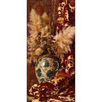 Still life with sunflowers in a faience vase and damask drapery