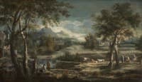 River Landscape with Mountains