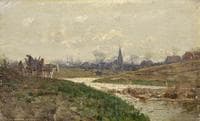 River landscape with horse cart