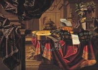 Great still life with basket of grapes, quinces, pomegranates and pears