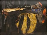 Still life with tapestry, pillow, guitar and sword