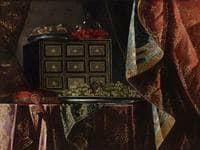 Still Life of a Chest, Fruit and Other Objects on a Brocade Draped Table