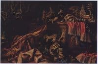 Richly decorated interior with tapestries, arms and banners of the city of Rome