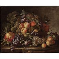 Still Life with Grapes, Apples, Plums, Peaches and Pomegranates on a Stone Ledge