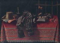 Still life with clothing, weapons and a mirror on a red, embroidered tablecloth