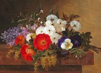 Still life with bouquet of lilac, rose, pansy and blooming fruit branches