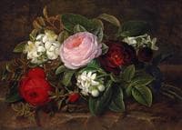 Roses and blossom on a stone ledge