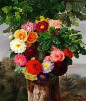 Wreath of dahlias on an oak tree