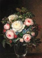 Pink and white roses together with forget-me-nots in a glass vase