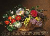 Primulas, lilacs, dog roses, laburnums and peonies in a basket on a marble pedestal