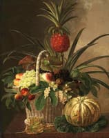 Pineapple, grapes, peaches, nuts, and berries in a basket, on a marble ledge