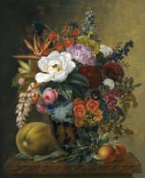 Exotic blooms in a grecian krater with fruit on a marble ledge