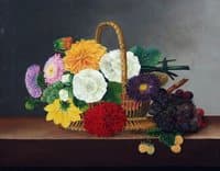 Flower still life with dahlias, asters and hollyhocks in a basket on a table