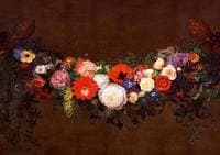 Garland with peonies, roses, poppies, lilacs and laburnum