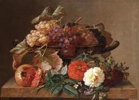 Still life with a tazza of grapes, pomegranate, pansies, chrysanthemums, forget-me-nots