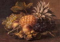 Grapes, a pineapple, peaches and hazelnuts in a basket