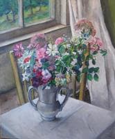 Pink Flowers in a Silver Vase