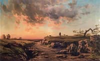 Goat Herder and Flock on a Low Bluff, Sunset