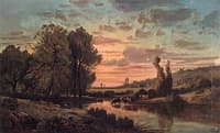 Herder and Cattle Fording a Stream