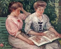 Two Girls Reading on a Bench