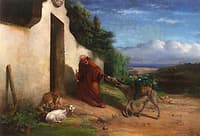 Monk Pulling Donkey Laden with Baskets of Vegetables
