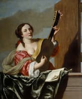A lady playing a guitar on a balcony