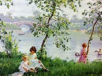 Girls by the River with Swans