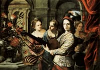 Gruppo di giovani suonatori con vaso di fiori