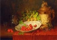 Strawberries, Grapes and an Ornamental Jug on a Draped Table