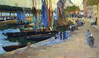 Boats at Dock, People Walking