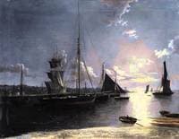 Fishing and other vessels on a moonlit estuary