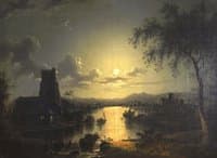 Church on a river by moonlight