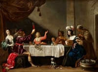 An interior scene with musicians and elegant figures dining