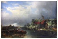 River landscape with windmills, people and boats