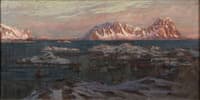 Fishing Harbour with Sunlit Mountains. Study from North Norway