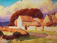 Farm Buildings (Kenfig) Bathed in Sunlight beneath Luminous Clouds