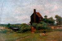 Cottage with Children Picking Flowers