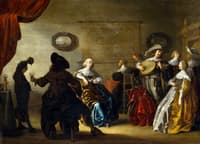 Interior with elegant company making music