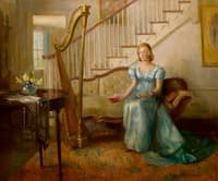 Interior with woman and harp