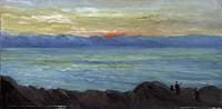 Landscape with a Lake Surrounded by Mountains with Figures at Sunset
