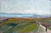 Mountainous Landscape with Walled Land and a Distant Lake Surrounded by Mountains