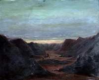 Mountainous Landscape with Camel Riders in a Valley at Sunset