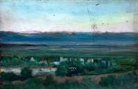 Landscape with a Village and a River in a Green Valley with Distant Mountains