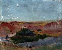 Mountainous Desert Landscape with an Oasis and Figures