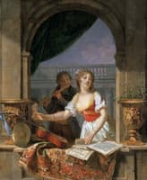 Lady reaching for a guitar, boy playing the flute