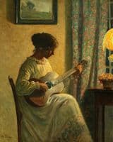 Woman playing guitar in an interior