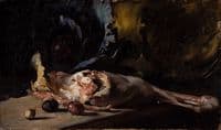 Still life with a leg of lamb and cabbage